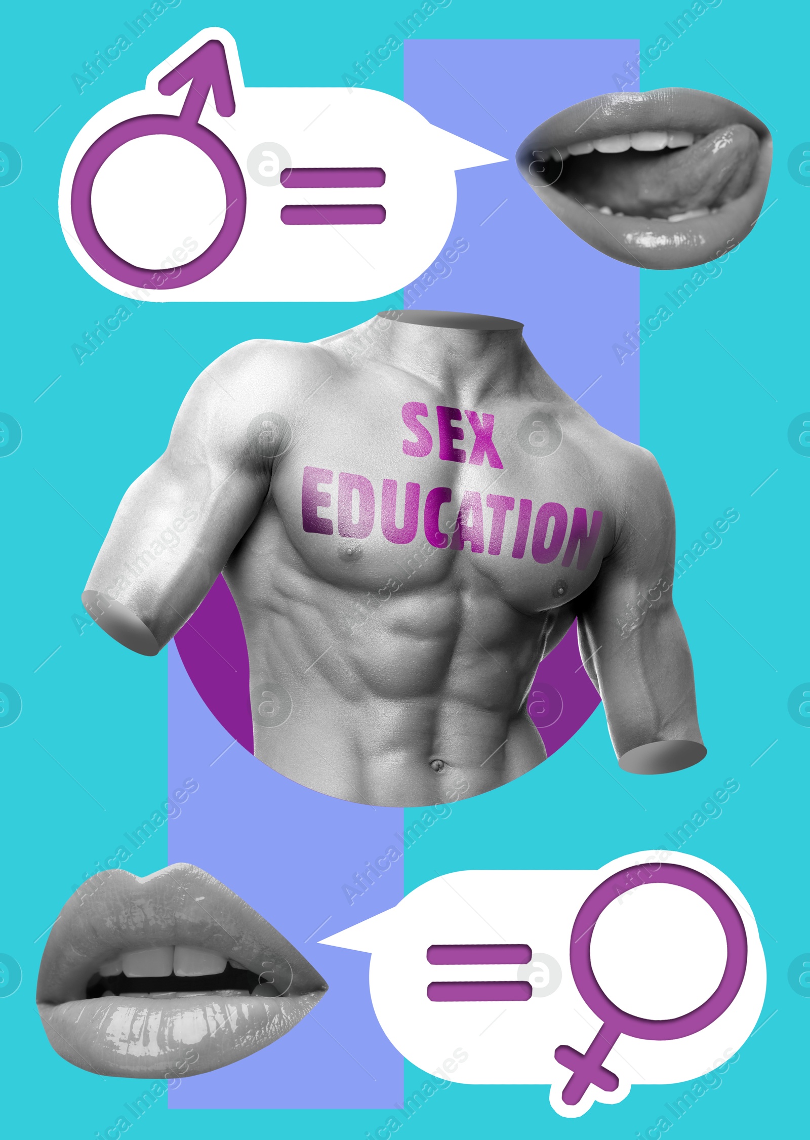 Image of Sex education creative collage with male torso and female lips against light blue background
