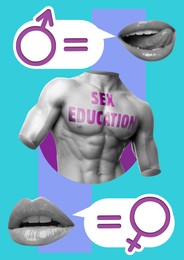 Image of Sex education creative collage with male torso and female lips against light blue background