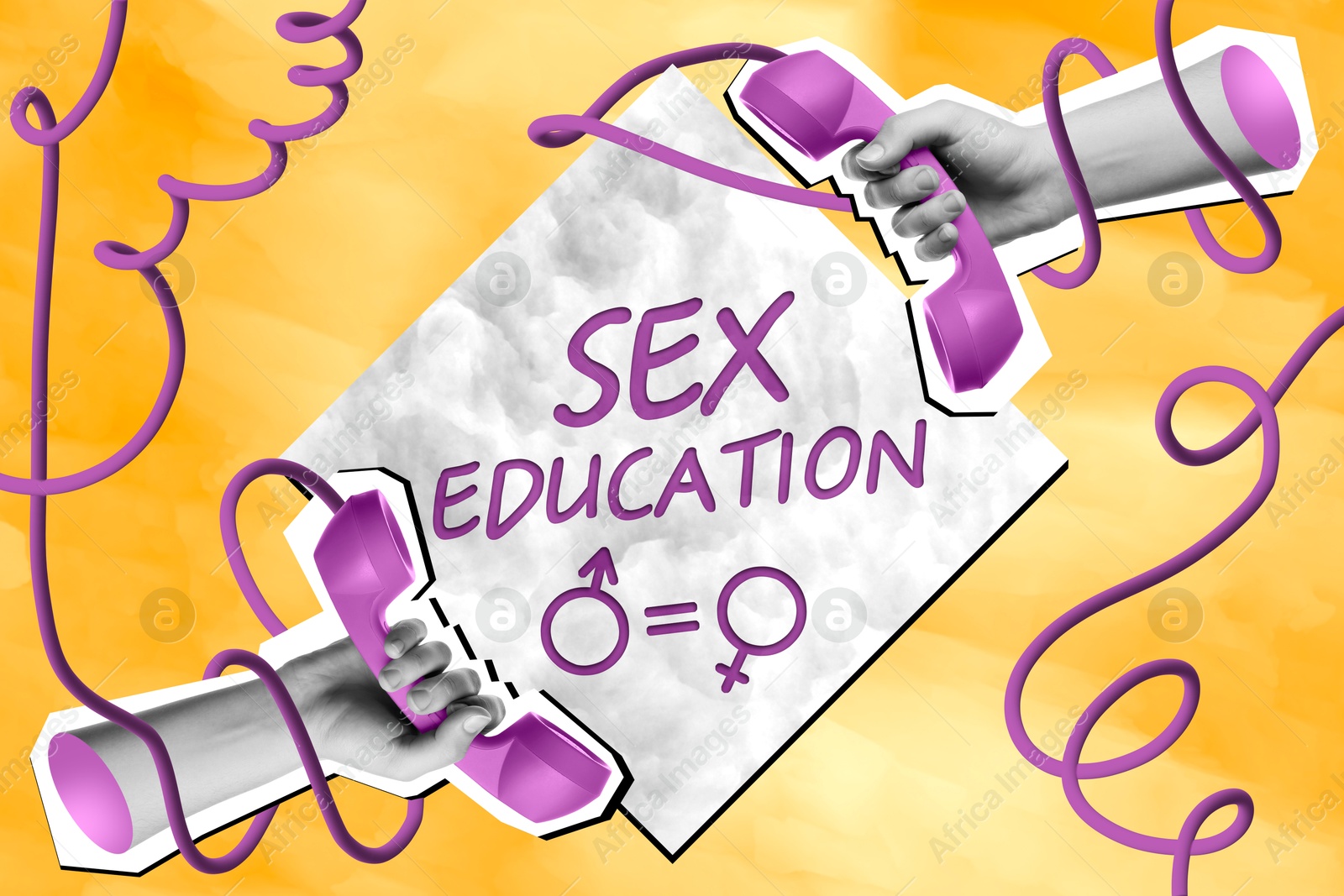 Image of Sex education creative collage with corded telephone handsets in hands, equals sign between male and female gender symbols. Orange background