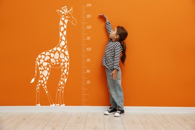 Image of Cute little girl measuring her height near orange wall with scale and drawing of giraffe
