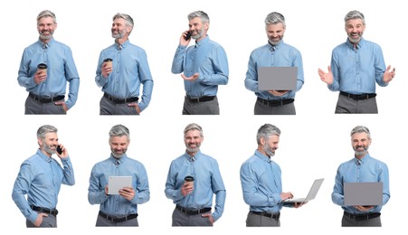 Image of Businessman on white background. Collage of portraits