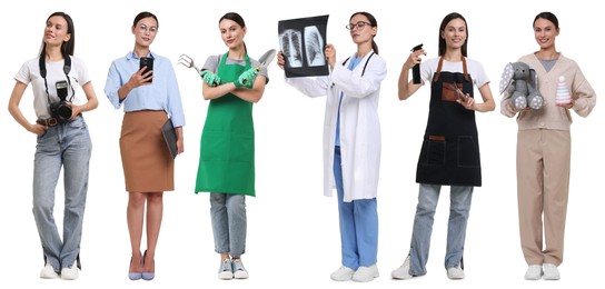 Image of Choice of profession. Same woman representing different occupations. Collage of portraits on white background