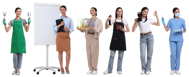 Image of Choice of profession. Same woman representing different occupations. Collage of portraits on white background