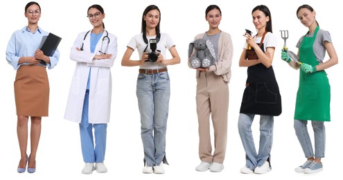 Image of Choice of profession. Same woman representing different occupations. Collage of portraits on white background