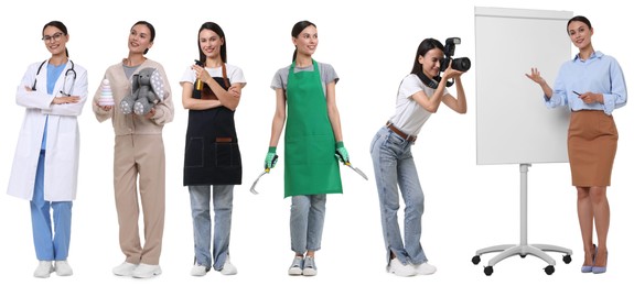 Image of Choice of profession. Same woman representing different occupations. Collage of portraits on white background