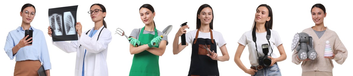 Image of Choice of profession. Same woman representing different occupations. Collage of portraits on white background