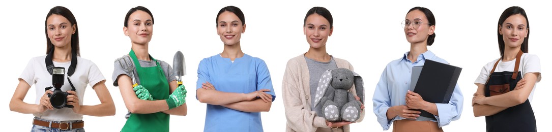 Image of Choice of profession. Same woman representing different occupations. Collage of portraits on white background