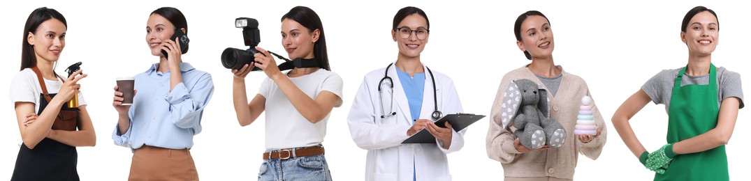 Image of Choice of profession. Same woman representing different occupations. Collage of portraits on white background