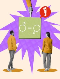 Image of Sex education creative collage. Man and woman looking at sign with female and male gender symbols in hand. Beige background