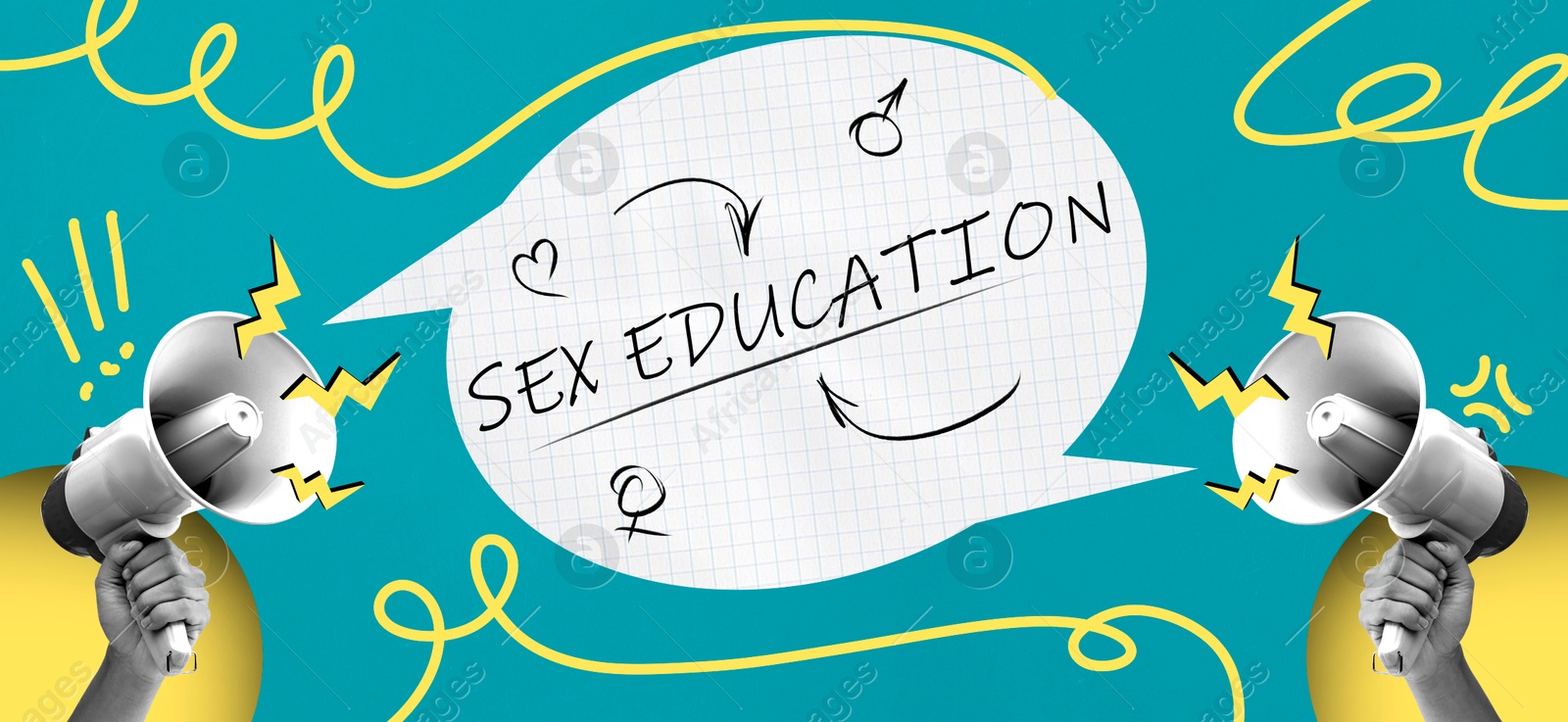 Image of Sex education creative collage with speech bubble between loudspeakers in hands. Dark turquoise background