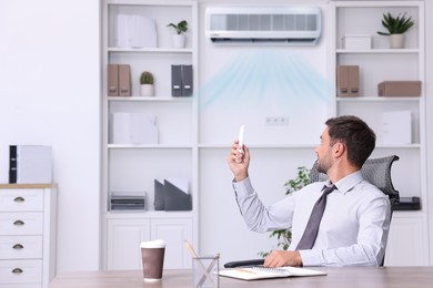 Image of Man switching on air conditioner with remote control in office