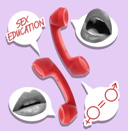 Image of Sex education creative collage. Lips talking into red telephone handsets and speech bubbles against pink background