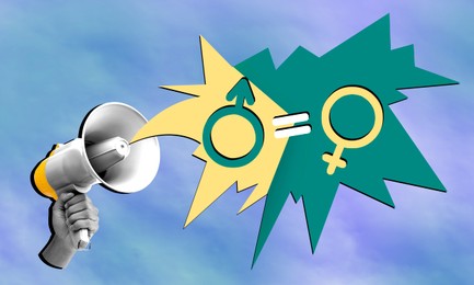 Image of Sex education creative collage. Equals sign between male and female gender symbols coming out of loudspeaker in hand. Colorful background