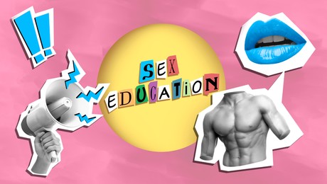 Image of Sex education creative collage with loudspeaker in hand, female lips and male torso on pink background