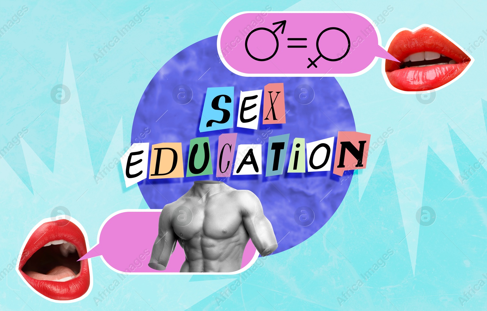 Image of Sex education creative collage with speech bubbles, lips, equals sign between female and male gender symbols. Light blue background