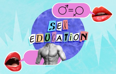 Image of Sex education creative collage with speech bubbles, lips, equals sign between female and male gender symbols. Light blue background