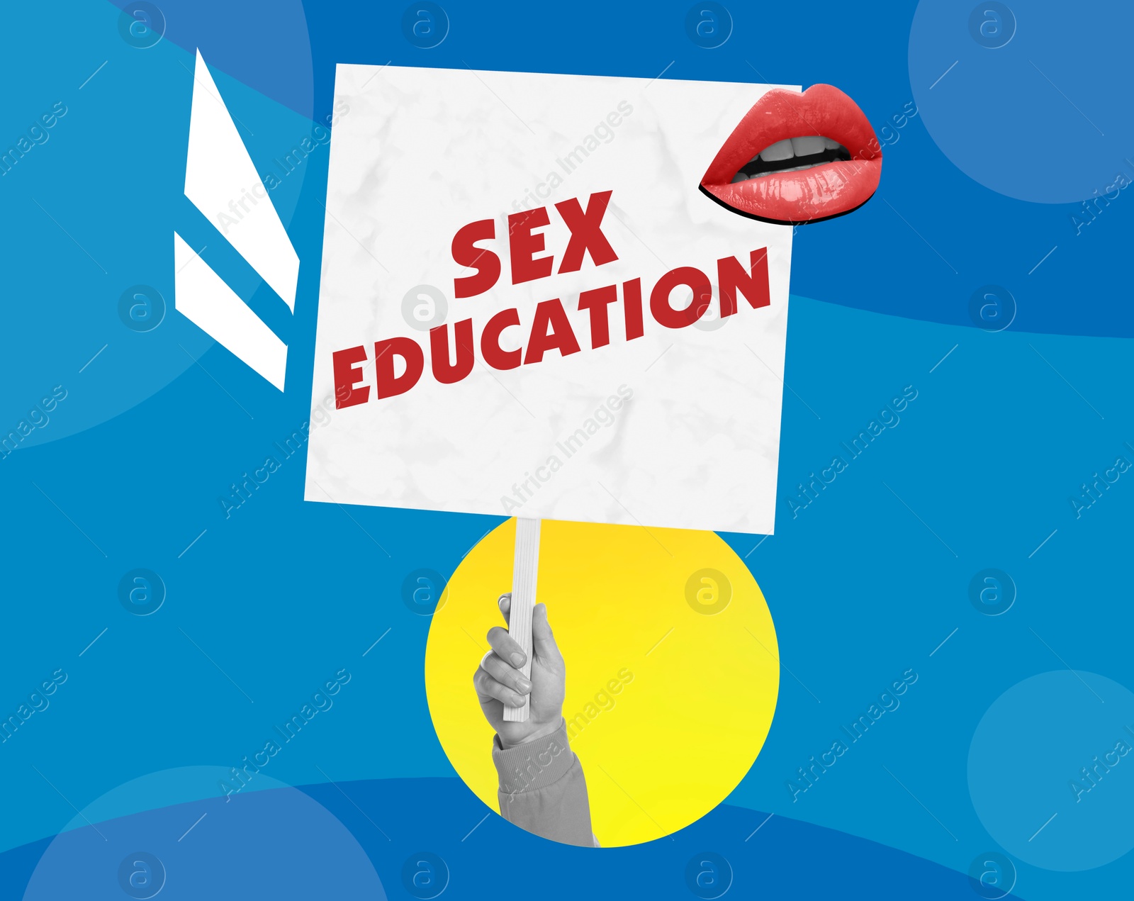 Image of Sex education creative collage with sign in hand and female lips against blue background