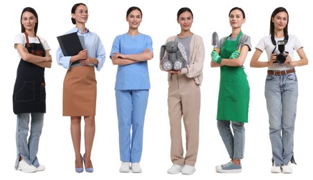 Image of Choice of profession. Same woman representing different occupations. Collage of portraits on white background