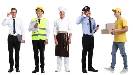 Image of Choice of profession. Same man representing different occupations. Collage of portraits on white background