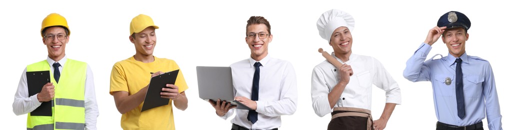 Image of Choice of profession. Same man representing different occupations. Collage of portraits on white background