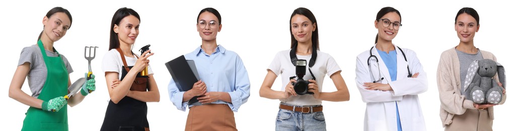Image of Choice of profession. Same woman representing different occupations. Collage of portraits on white background