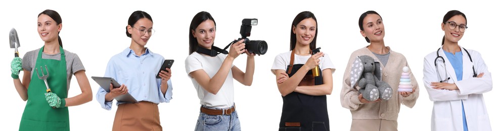 Image of Choice of profession. Same woman representing different occupations. Collage of portraits on white background