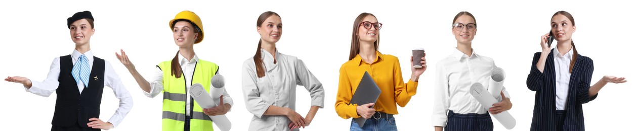 Image of Choice of profession. Same woman representing different occupations. Collage of portraits on white background