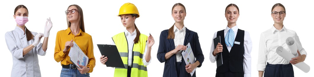 Image of Choice of profession. Same woman representing different occupations. Collage of portraits on white background
