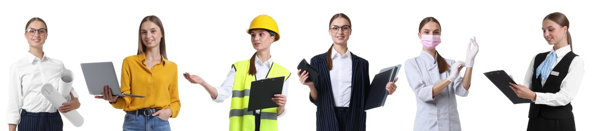 Image of Choice of profession. Same woman representing different occupations. Collage of portraits on white background