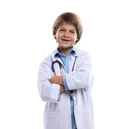 Photo of Choice of profession. Happy little boy in uniform with stethoscope pretending to be doctor on white background