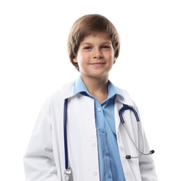 Photo of Choice of profession. Little boy in uniform with stethoscope pretending to be doctor on white background