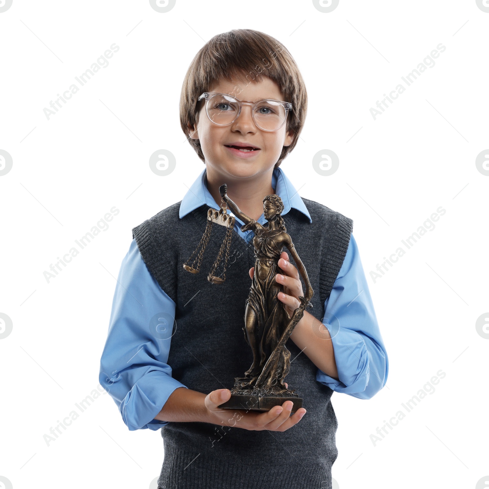 Photo of Choice of profession. Happy little boy in glasses with statue of Lady Justice pretending to be lawyer on white background