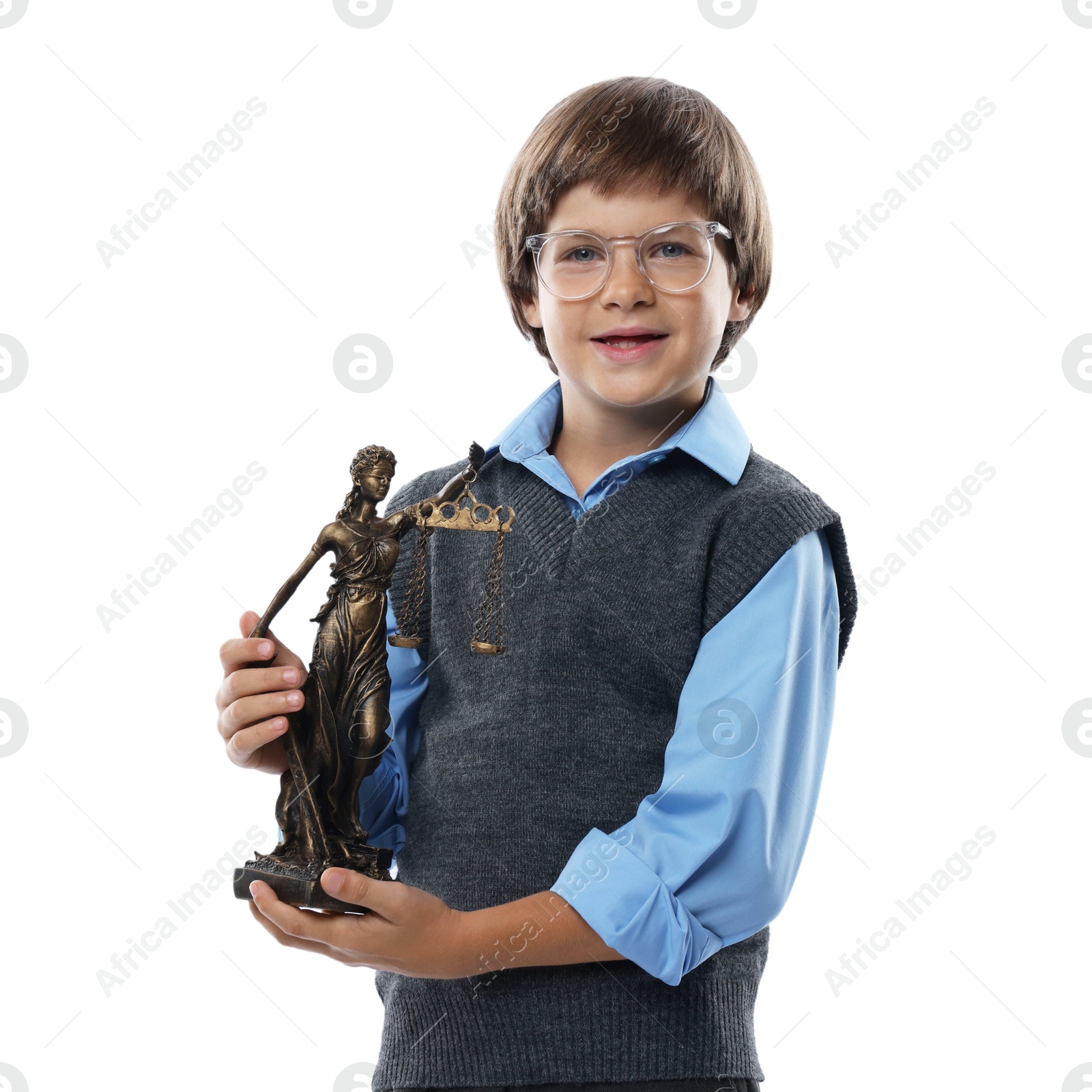 Photo of Choice of profession. Happy little boy in glasses with statue of Lady Justice pretending to be lawyer on white background