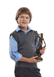 Photo of Choice of profession. Happy little boy in glasses with statue of Lady Justice pretending to be lawyer on white background