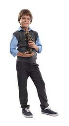 Photo of Choice of profession. Little boy in glasses with statue of Lady Justice pretending to be lawyer on white background