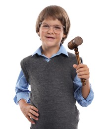 Photo of Choice of profession. Happy little boy in glasses with judge's gavel pretending to be lawyer on white background