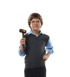 Photo of Choice of profession. Little boy in glasses with judge's gavel pretending to be lawyer on white background
