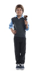 Photo of Choice of profession. Little boy in glasses with judge's gavel pretending to be lawyer on white background