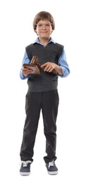 Photo of Choice of profession. Little boy in glasses with judge's gavel and sound block pretending to be lawyer on white background