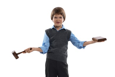 Photo of Choice of profession. Little boy in glasses with judge's gavel and sound block pretending to be lawyer on white background
