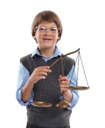Photo of Choice of profession. Happy little boy in glasses with scales of justice pretending to be lawyer on white background