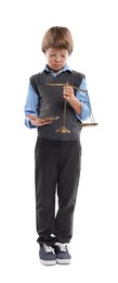 Photo of Choice of profession. Little boy in glasses with scales of justice pretending to be lawyer on white background
