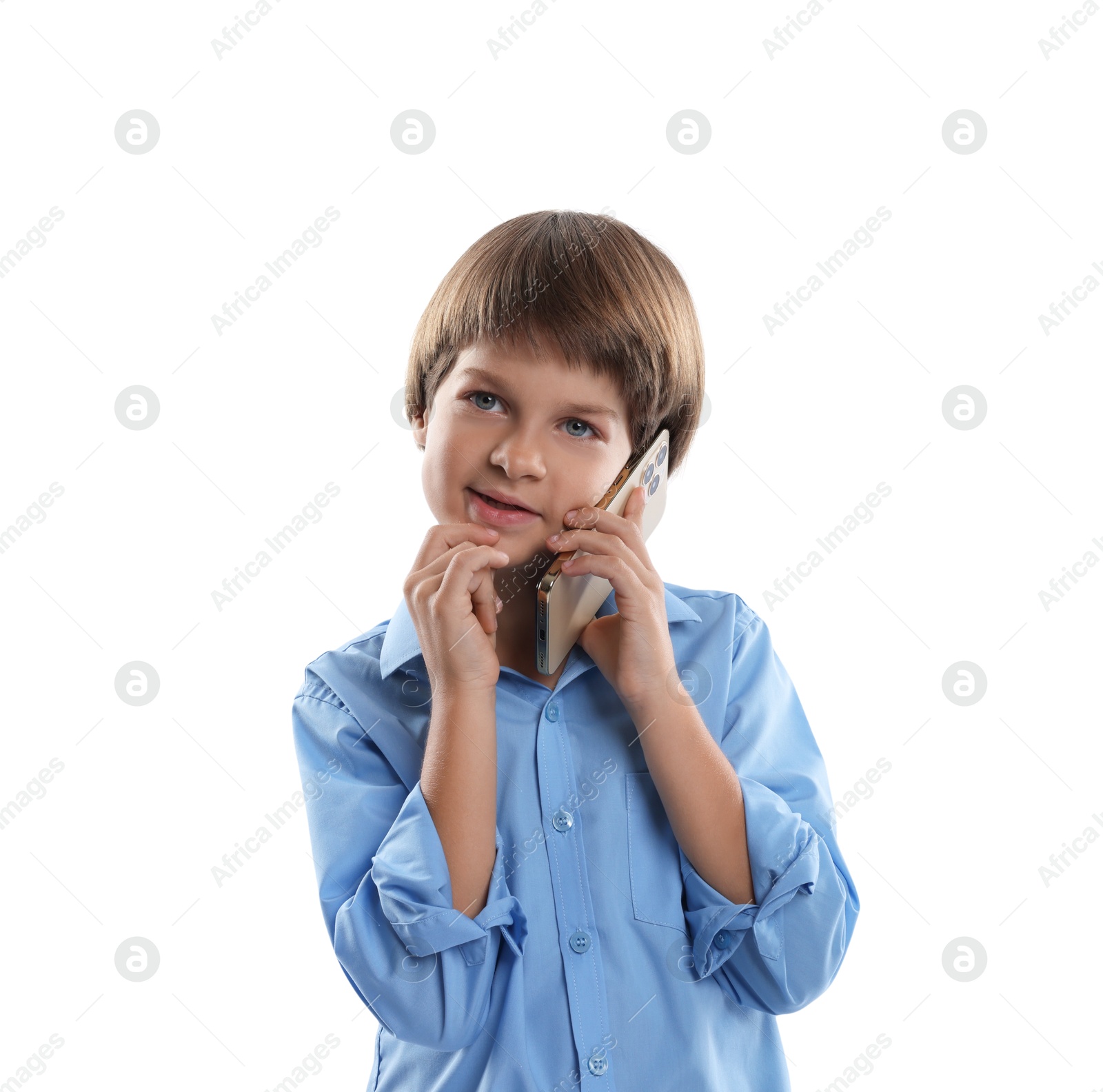 Photo of Choice of profession. Little boy talking by smartphone pretending to be businessman on white background