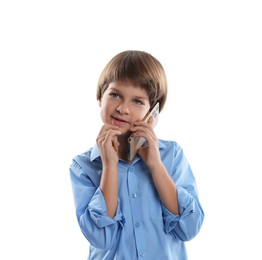 Photo of Choice of profession. Little boy talking by smartphone pretending to be businessman on white background