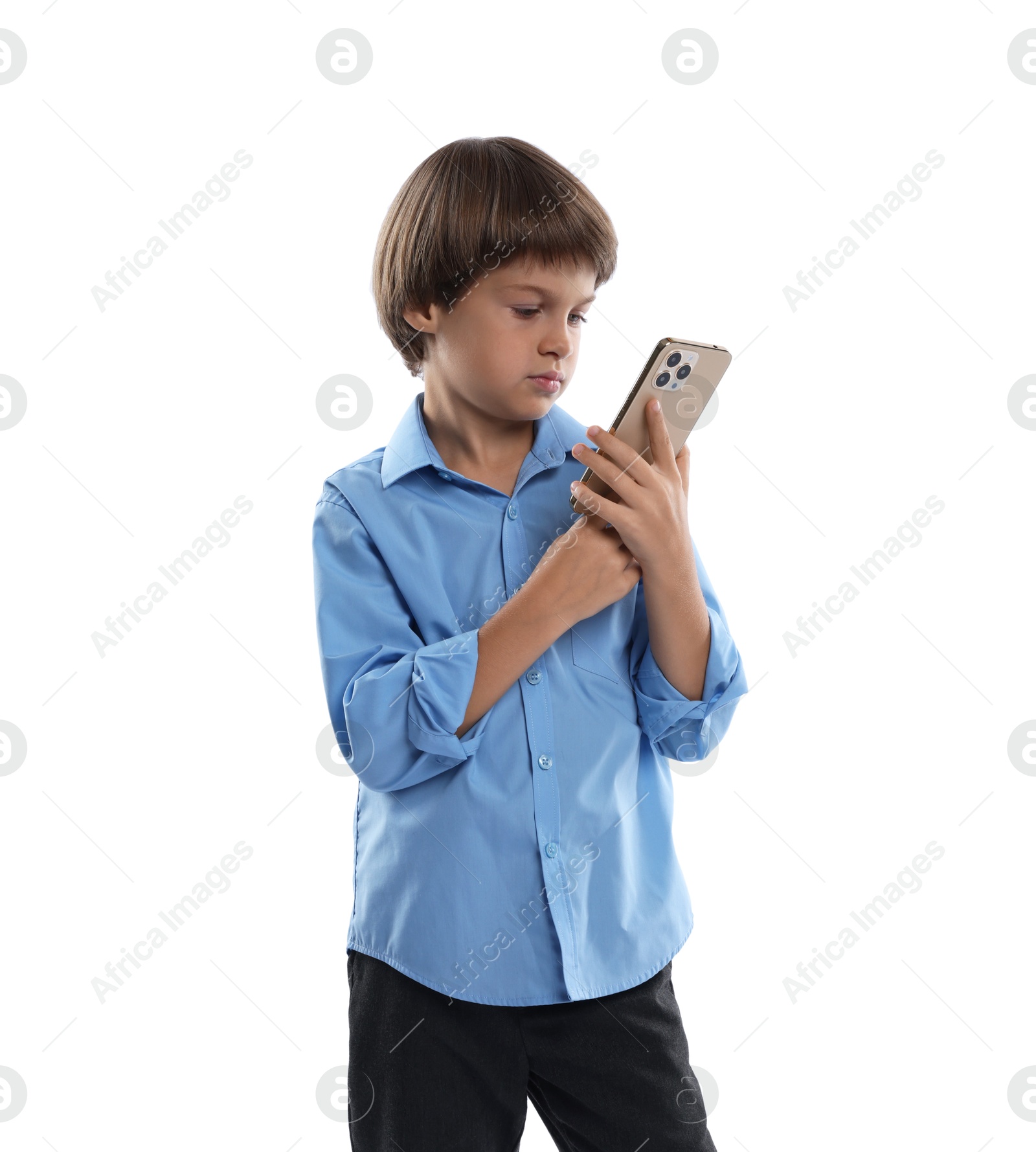 Photo of Choice of profession. Little boy talking by smartphone pretending to be businessman on white background