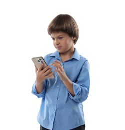 Photo of Choice of profession. Little boy talking by smartphone pretending to be businessman on white background