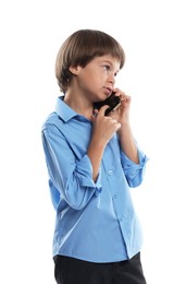 Photo of Choice of profession. Little boy talking by smartphone pretending to be businessman on white background