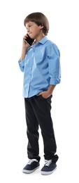 Photo of Choice of profession. Little boy talking by smartphone pretending to be businessman on white background