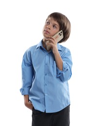 Photo of Choice of profession. Little boy talking by smartphone pretending to be businessman on white background