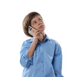 Photo of Choice of profession. Little boy talking by smartphone pretending to be businessman on white background